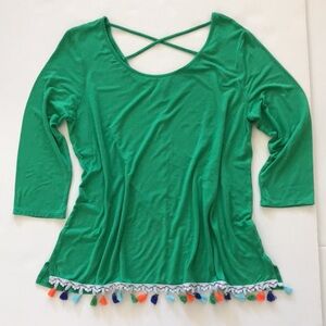 New Directions Green Tunic with Tassel Fringe Size Large